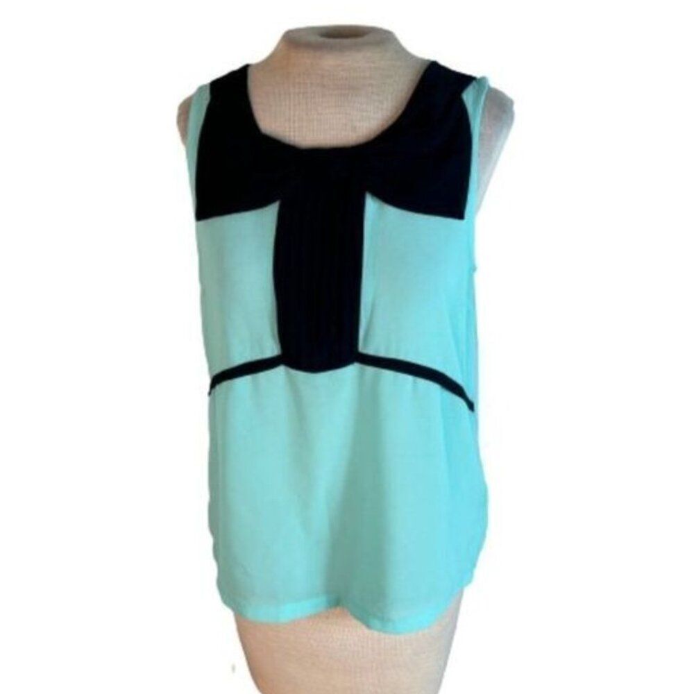 Haute Monde Sheer Bow Collar Tank Top Aqua Green Black M Medium
